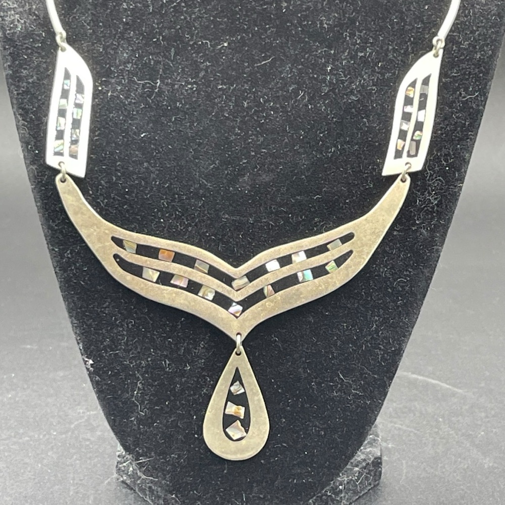 Mexican Alpaca Silver Necklace with Black Accents and Shell Inlay